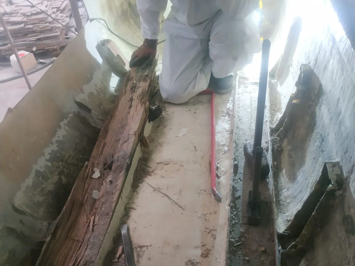 The empty and cleaned-out starboard engine bay of the Escargot, ready for the new electric motor installation.