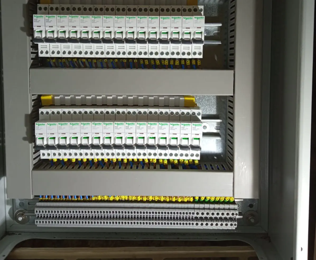 Le nouveau panneau électrique CA, montrant un câblage organisé et de nouveaux disjoncteurs thermiques.