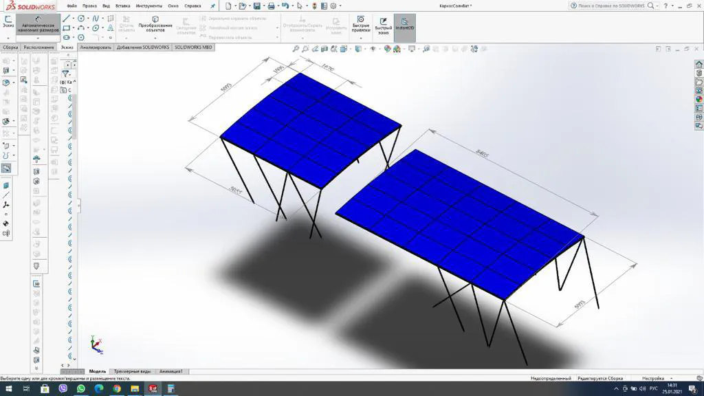A 3D CAD model showing the design of the new solar panel superstructure for the Escargot.