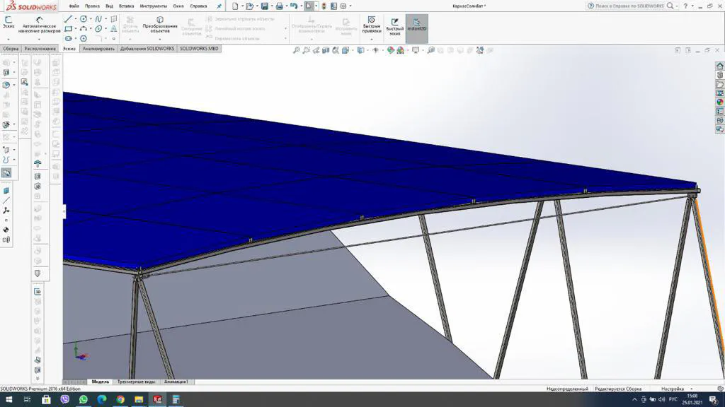 Another view of the 3D model, detailing the support structure for the solar array.