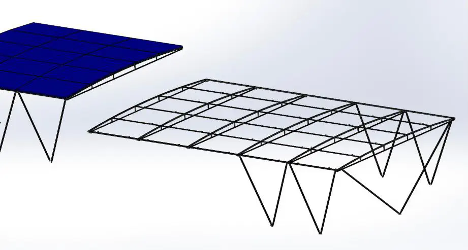 Un modèle CAO 3D de la conception de la superstructure des panneaux solaires pour le catamaran.