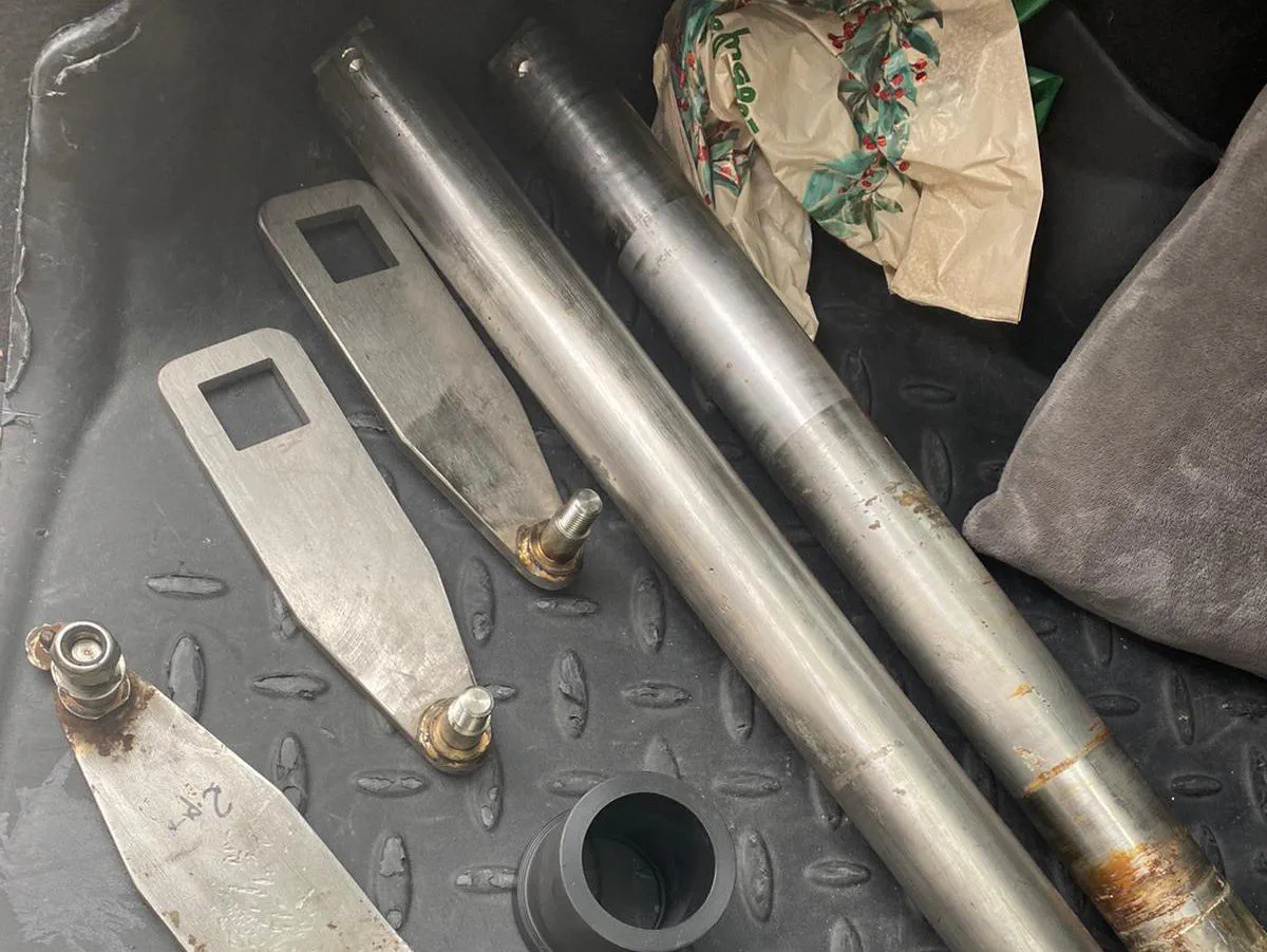 Newly fabricated rudder shafts and tiller arms Newly fabricated rudder shafts and tiller arms.