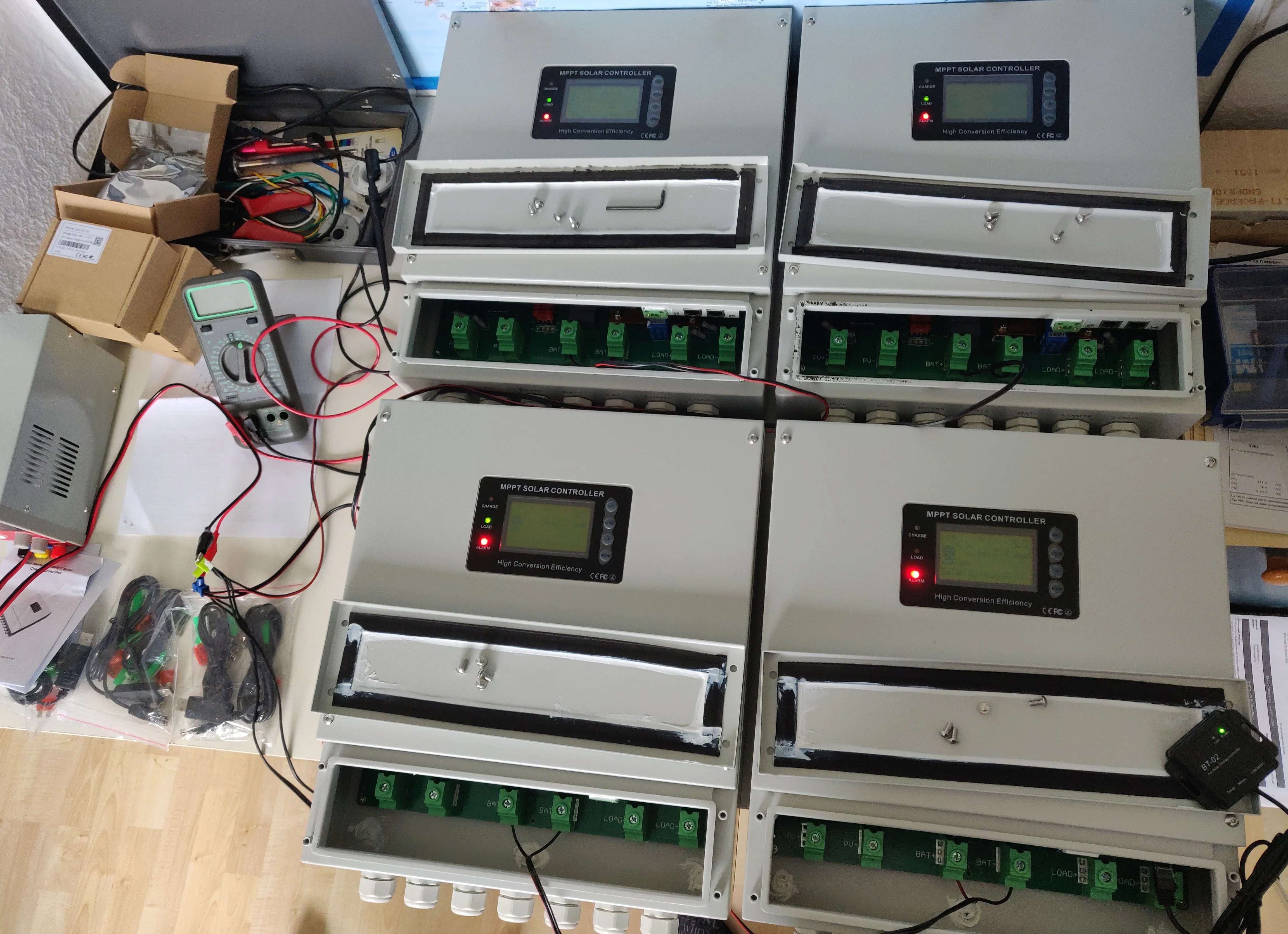 Testing the MPPT controllers The MPPT chargers connected to a power supply for testing in the home lab.