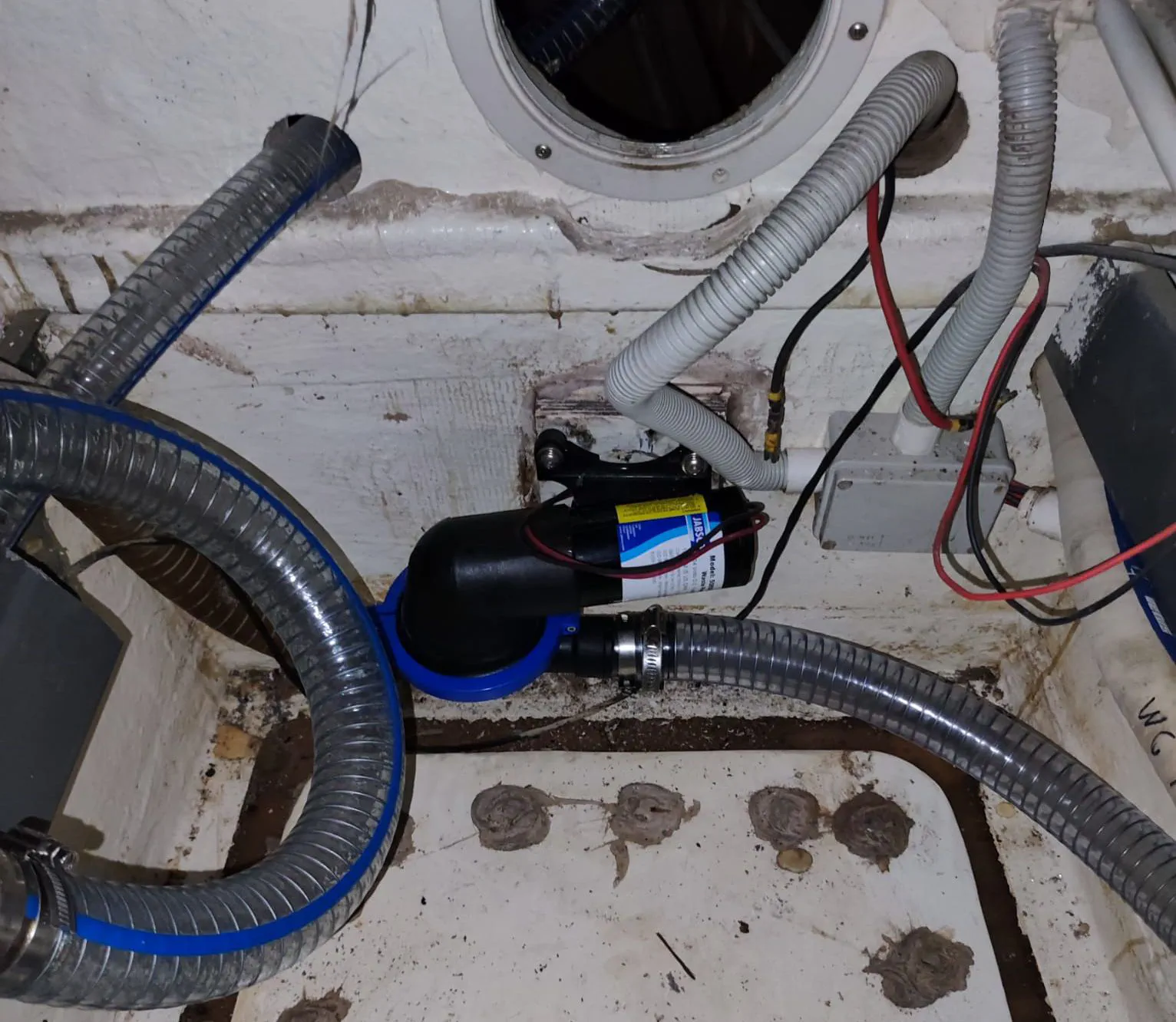 A newly installed Jabsco 50890-1100 pump for the waste water system.