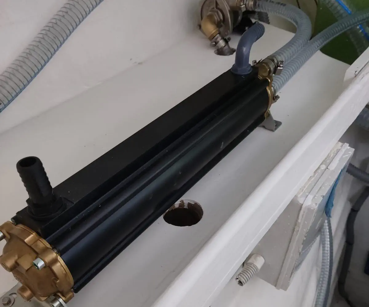 The Mota heat exchanger installed in an aft locker for the motor cooling system.