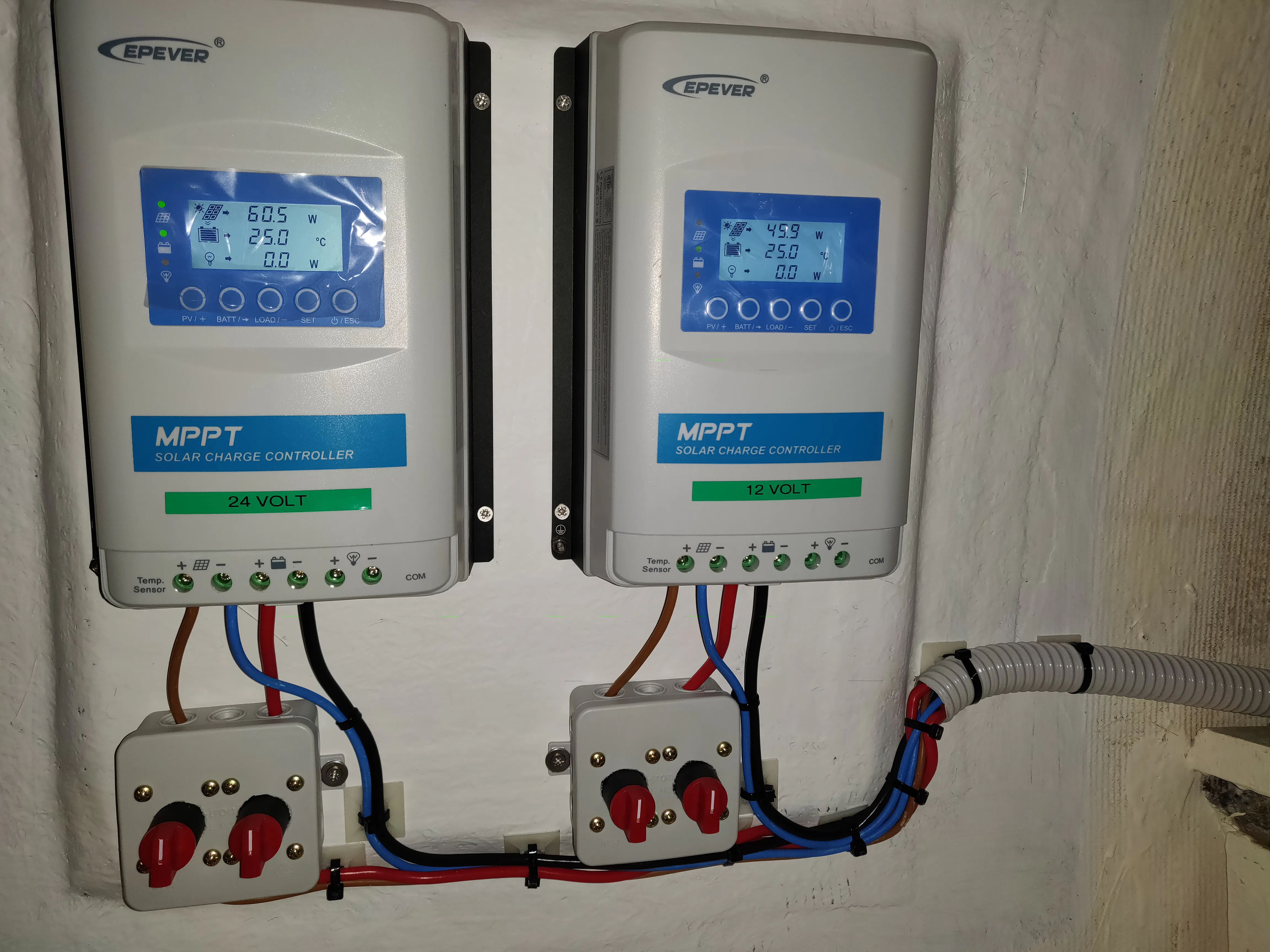 Dedicated MPPT controllers for the low voltage battery banks.