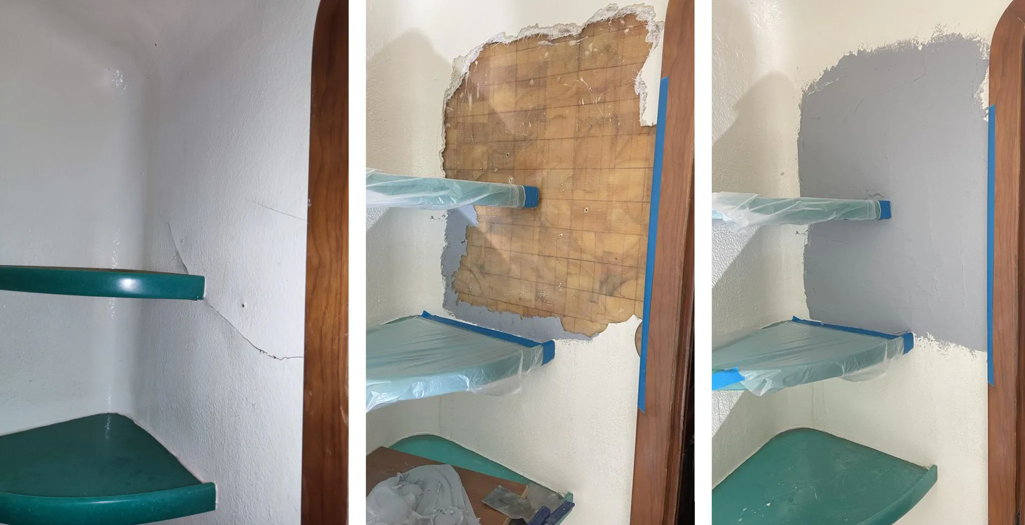 Forward port side shower with wall repairs.