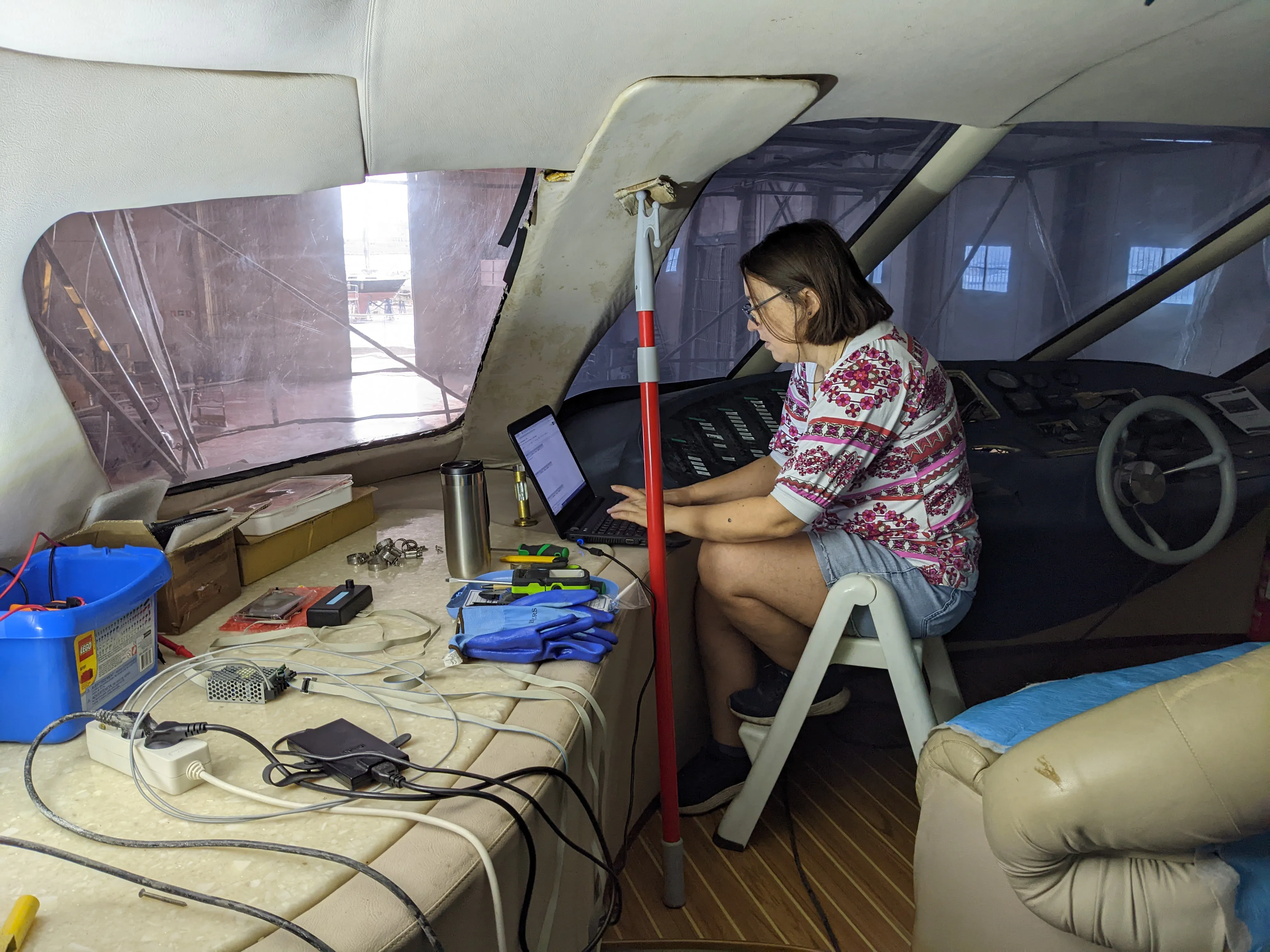 Filling The Electrical Wiring Spreadsheet Ludivine entering the data in the spreadsheet for documenting the vessel's electrical wiring.