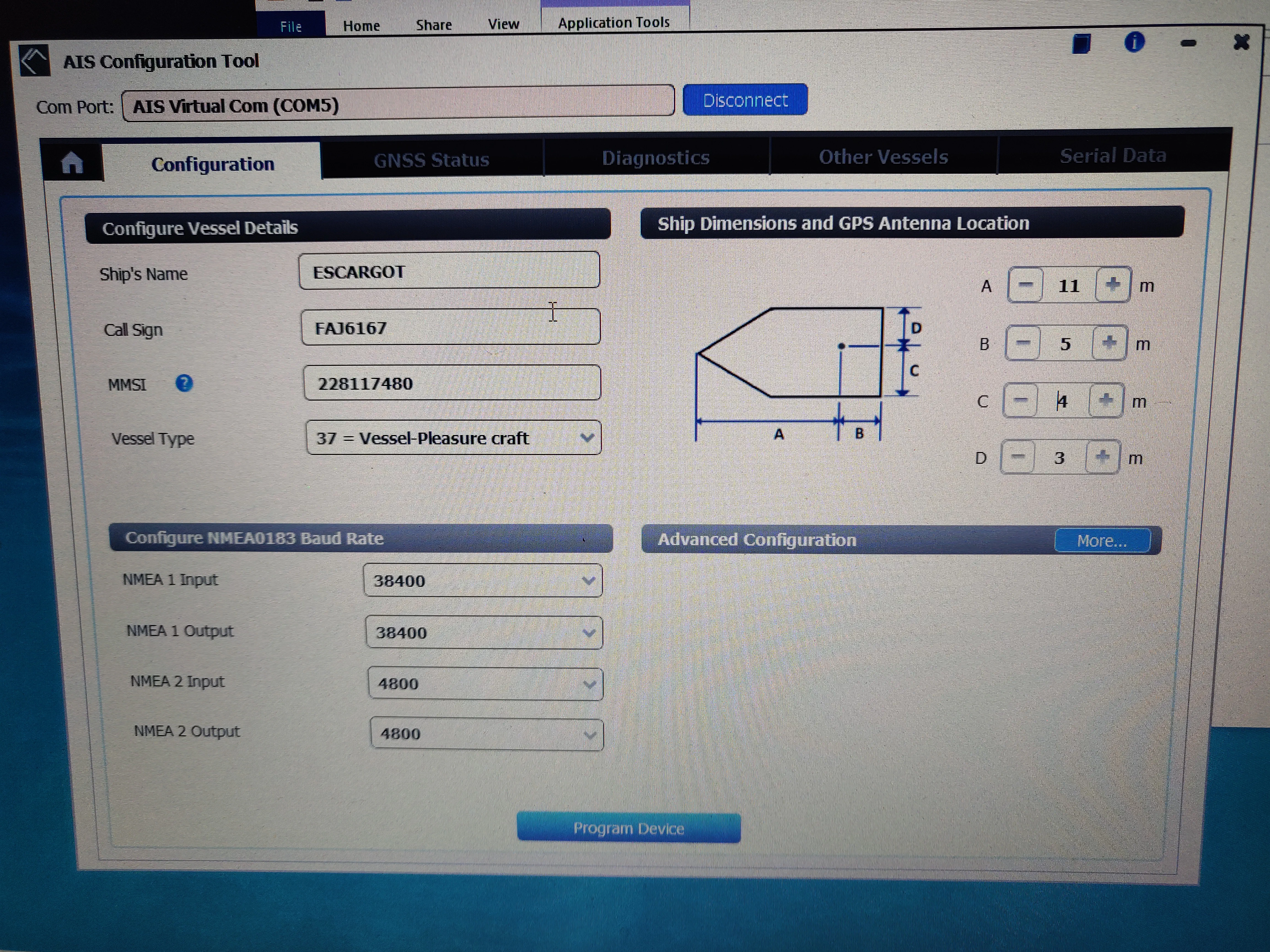 Configuring the AIS with Escargot's specific MMSI and vessel details. Configuration screen of the AIS transponder.