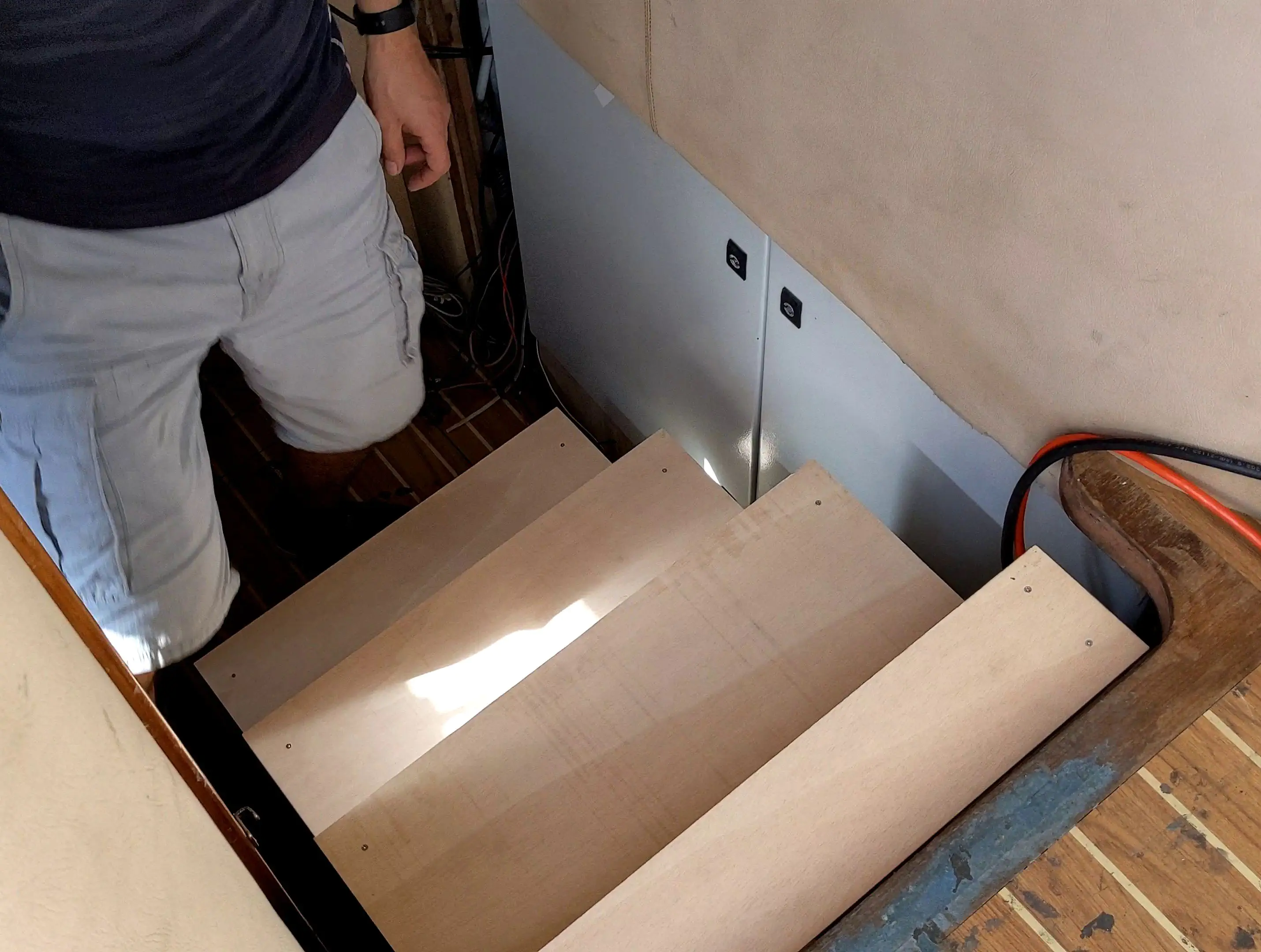 A much safer and more permanent solution for accessing the port hull. The new stairs installed in the port hull.