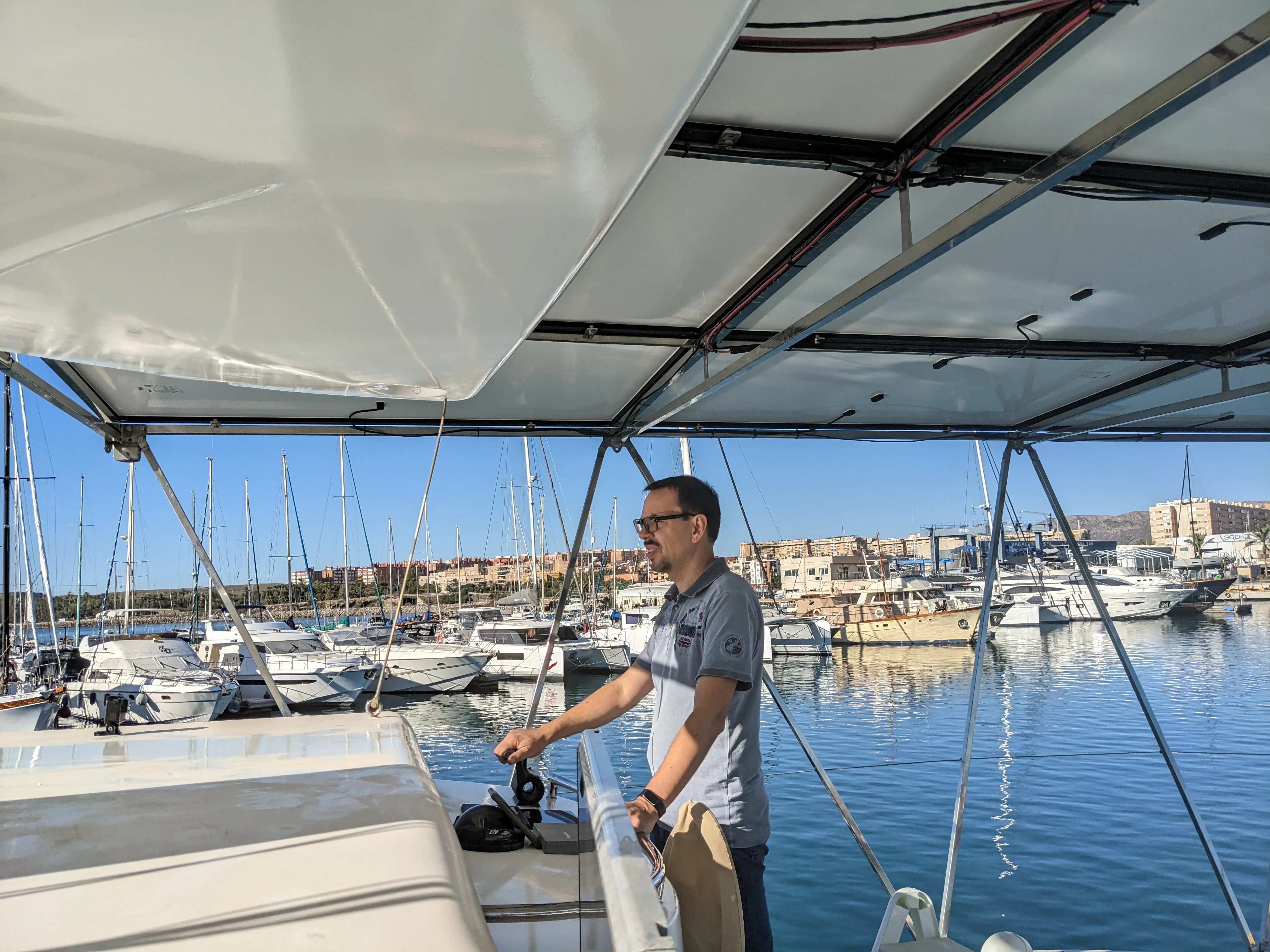 At the helm First maneuver to our berth