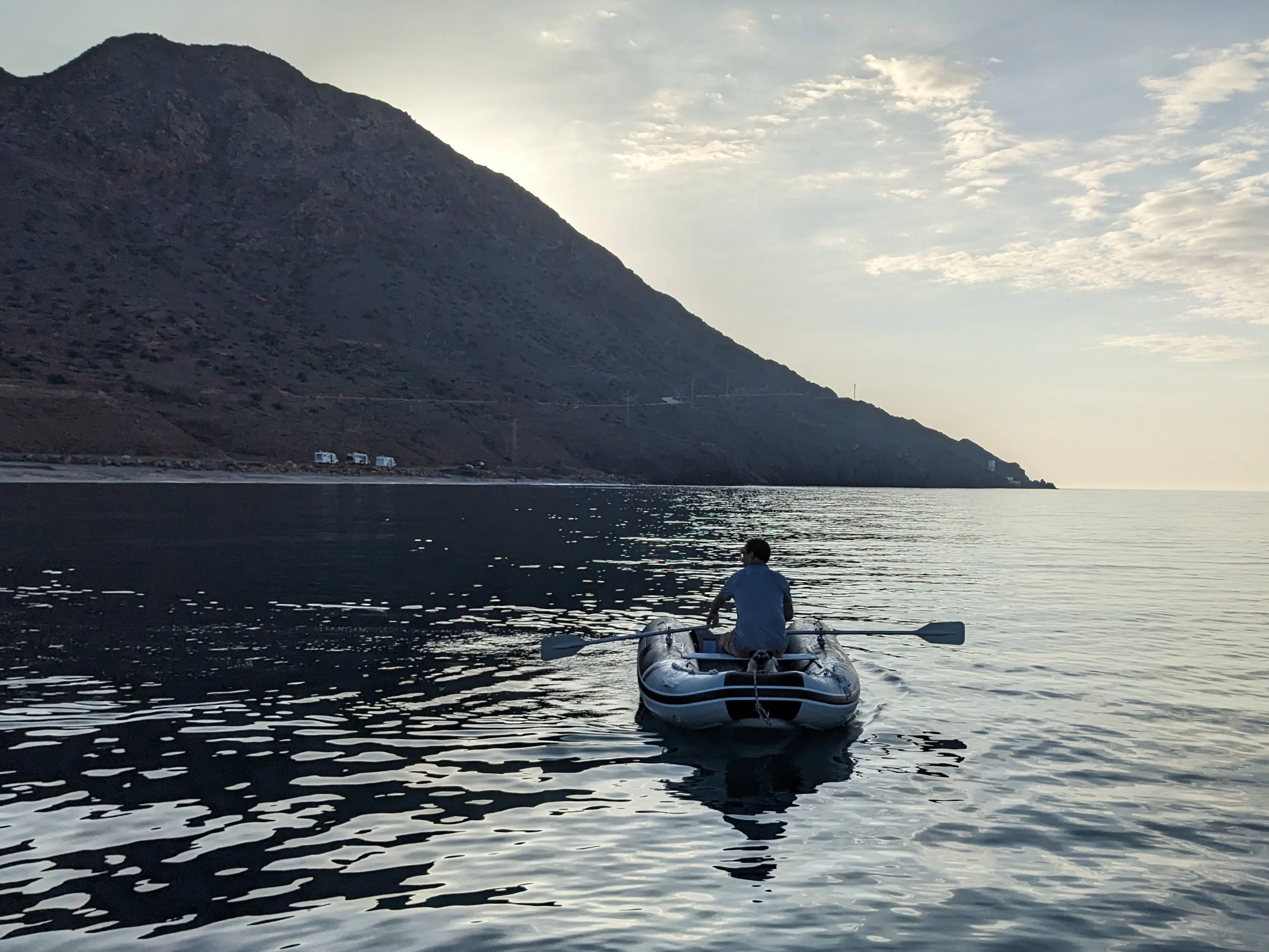 Jerome and BigBoy in the dinghy at Fabriquilla Beach