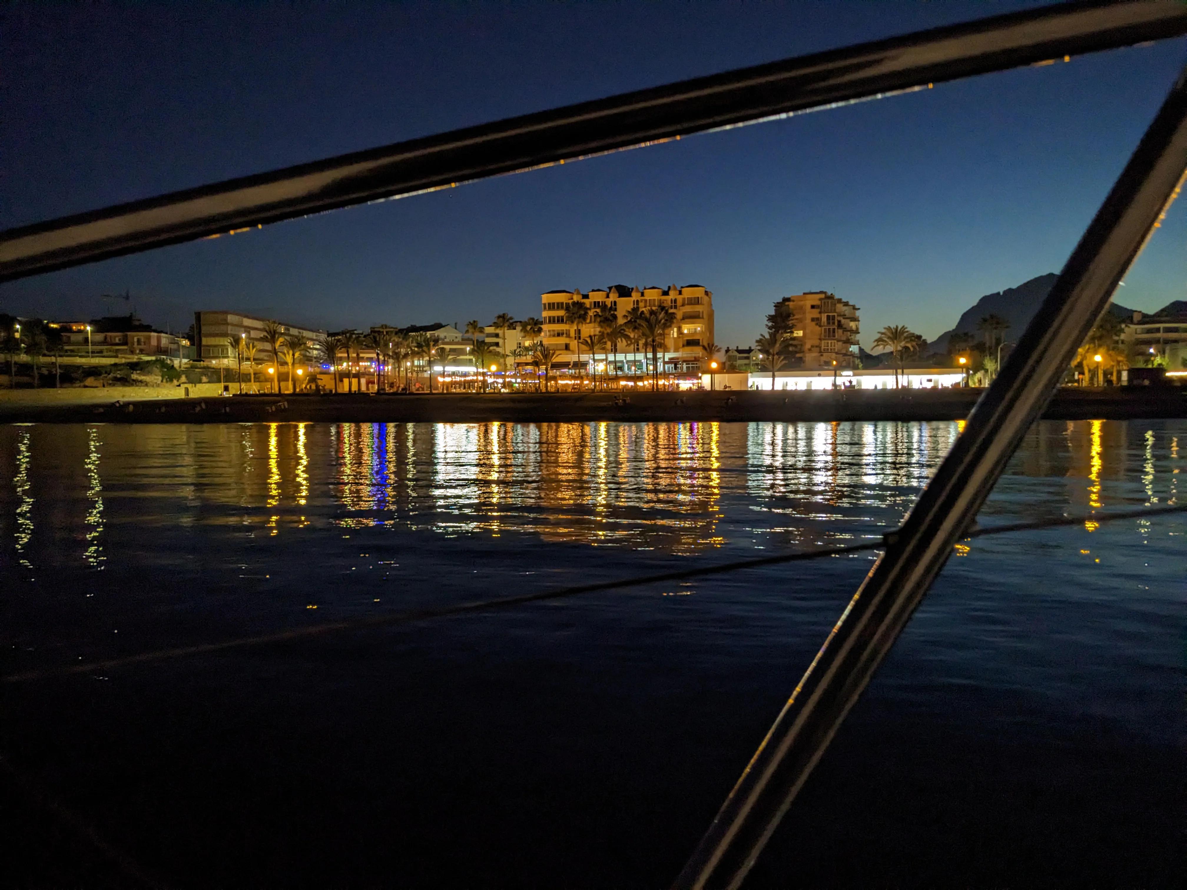 First Anchorage of the Season Escargot at anchor in L'Albir during twilight